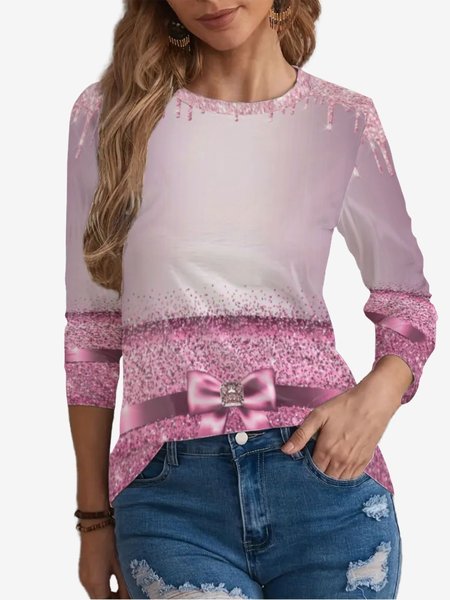 

Women's Pink Bow Print Holiday Long Sleeve Crew Neck T-shirt, T-Shirts