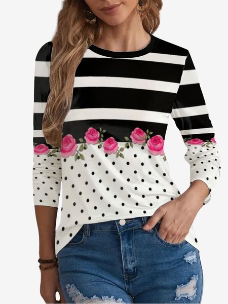 

Women's Long Sleeve Tee T-shirt Spring/Fall Striped Jersey Crew Neck Holiday Going Out Casual Top, Black, T-Shirts