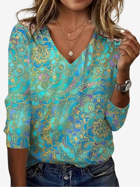 

Women's Long Sleeve Tee T-shirt Spring/Fall Ethnic Jersey V Neck Daily Going Out Casual Top, Lake blue, T-Shirts