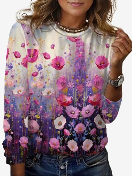 

Women's Long Sleeve Tee T-shirt Spring/Fall Floral Jersey Crew Neck Daily Going Out Casual Top, Rose red, T-Shirts
