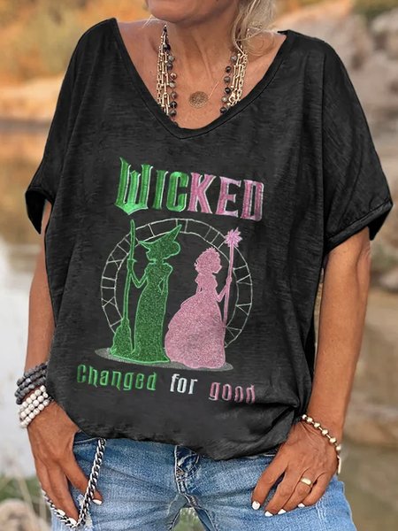 

Vintage Text Letters V Neck Short Sleeve T-shirt, Black, T-shirts