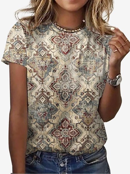 Women`s Short Sleeve Tee T-shirt Summer Ethnic Jersey Crew Neck Holiday Going Out Casual Top T-Shirts