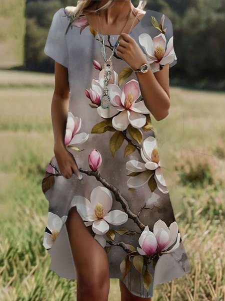 

Women Floral Crew Neck Short Sleeve Comfy Casual Midi Dress, Gray, Dresses