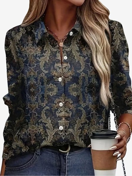 

Women's Long Sleeve Shirt Spring/Fall Ethnic Shirt Collar Daily Going Out Casual Top, Black, Shirts