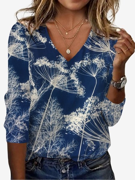 

Women's Long Sleeve Tee T-shirt Spring/Fall Floral Jersey V Neck Daily Going Out Casual Top, Deep blue, T-Shirts