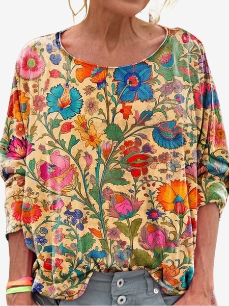 

Women's Long Sleeve Tee T-shirt Spring/Fall Floral Jersey Crew Neck Daily Going Out Casual Top, Yellow, T-Shirts