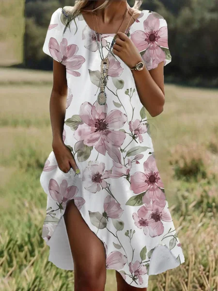 Women Floral Crew Neck Short Sleeve Comfy Casual Midi Dress, White, Dresses