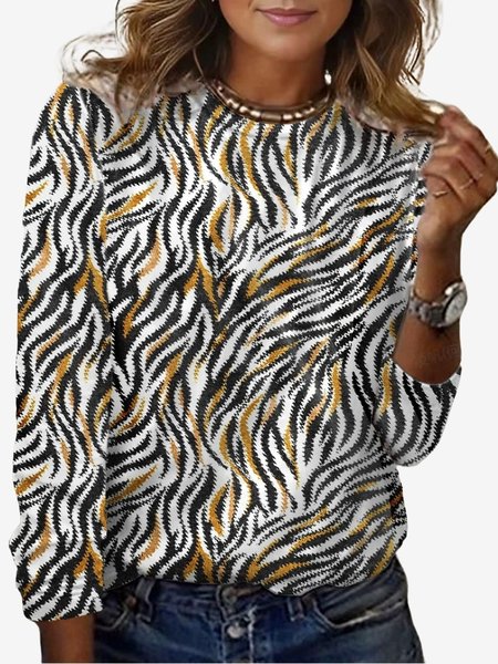 

Women's Long Sleeve Tee T-shirt Spring/Fall Zebra Jersey Crew Neck Daily Going Out Casual Top, White, T-Shirts