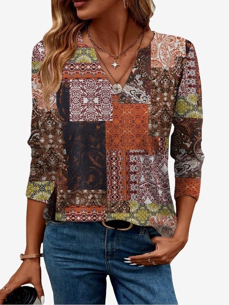 

Women's Long Sleeve Blouse Spring/Fall Botanical Pattern Jersey V Neck Daily Going Out Casual Top, Khaki, Blouses