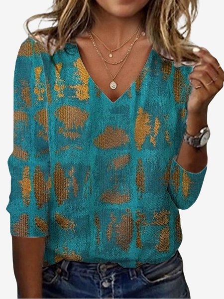 

Women's Long Sleeve Tee T-shirt Spring/Fall Geometric Jersey V Neck Daily Going Out Casual Top, Lake blue, T-Shirts