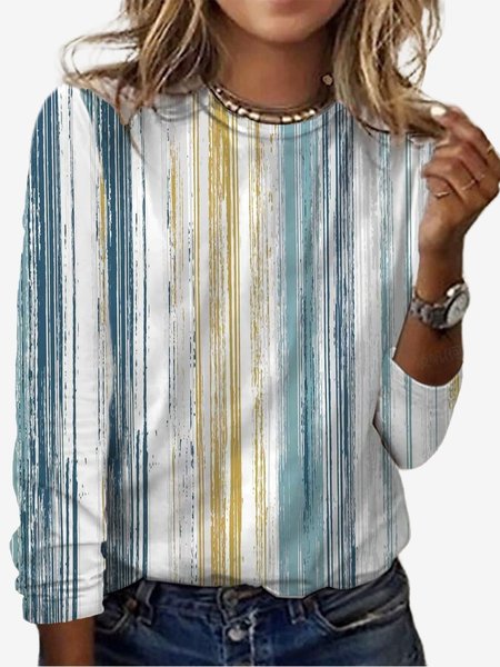 

Women's Long Sleeve Tee T-shirt Spring/Fall Striped Jersey Crew Neck Daily Going Out Casual Top, Blue, T-Shirts