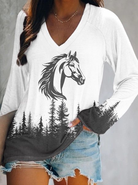 

Western style forest horse head pattern V-neck long sleeved T-shirt, White, Long sleeves