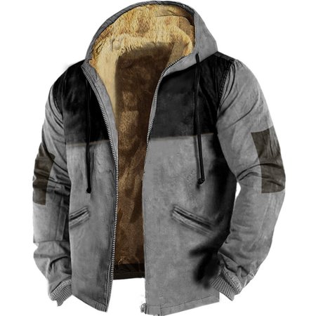 

Men's retro outdoor fleece warm hooded jacket, Gray, Jackets& Coats