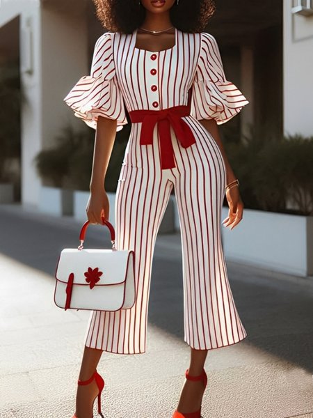 

Urban Buttoned Ruffle Sleeve Striped Square Neck Jumpsuit, Red, Jumpsuits