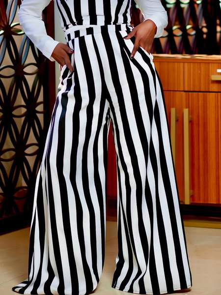 Urban Striped Wide Leg Fashion Pants, Black-white, Pants