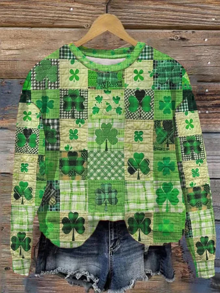 

Casual St. Patrick's Day Green Leaf Pattern Crew Neck Festival Sweatshirt, As picture, Hoodies & Sweatshirts