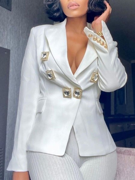 

Elegant Plain Lapel Collar Blazer, White, Jackets