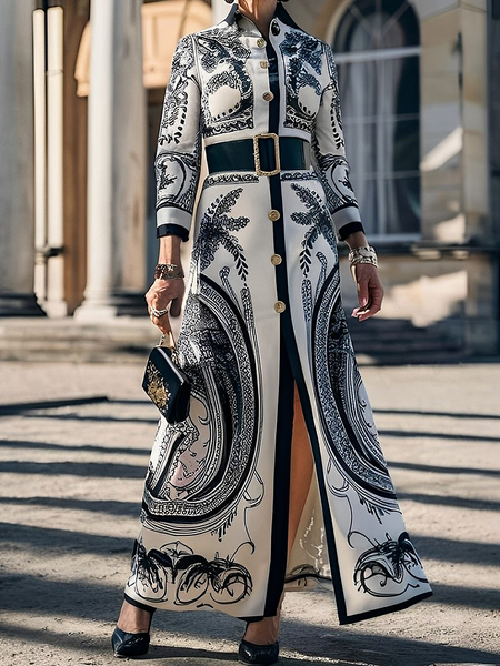 Urban Geometric Maxi Dress With Belt, As picture, Maxi Dresses