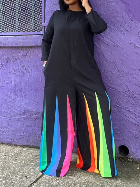 

Casual Color Block Crew Neck Jumpsuit, Black, Jumpsuits