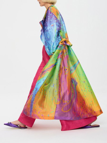 Random Print Shawl Collar Kimono With Belt, As picture, Jackets
