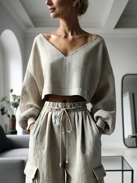 

Cotton And Linen Casual Plain V Neck Blouse, As picture, Blouses and Shirts