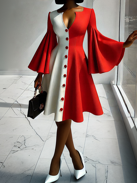 

Elegant Color Block Knee Length Dress, As picture, Midi Dresses