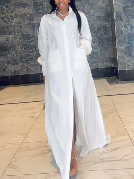 

Casual Loosen Balloon Sleeve Pockets Shirt Collar Maxi Dress, White, Maxi Dresses