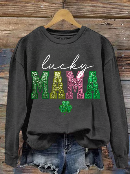 

St. Patrick's Day Lucky MaMa Print Casual Crew Neck Sweatshirt, Gray, Hoodies&Sweatshirts