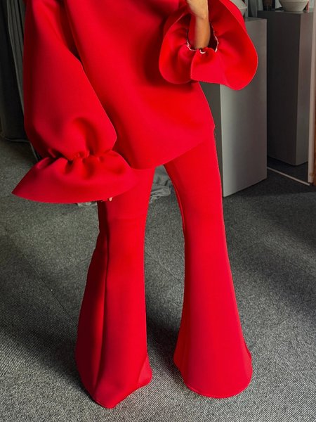 

Elegant Plain Flare Pants, Red, Pants