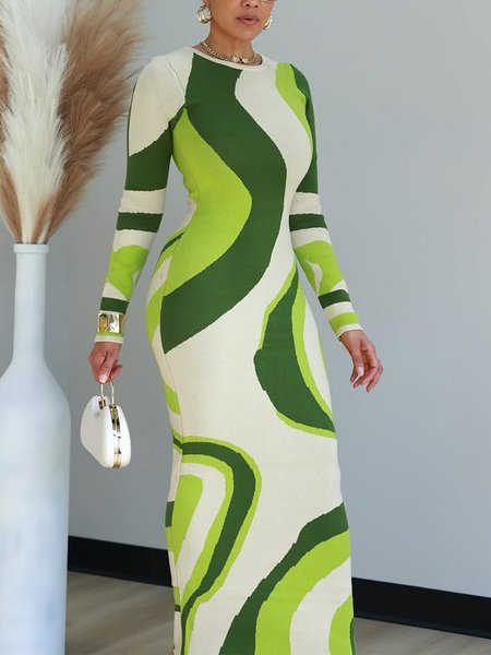 

Elegant Colorblock Tight Crew Neck Maxi Sweater Dress, Green, Maxi Dresses