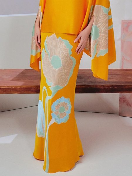 Elegant Floral Maxi Skirt, Orange, Skirts