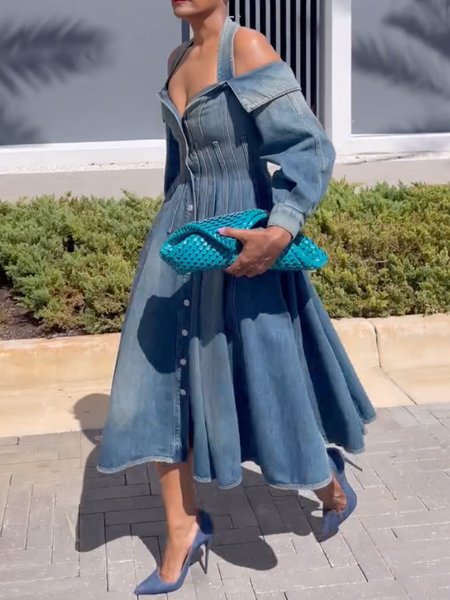 

Elegant Plain Off Shoulder Sleeve Halter Denim Midi Dress, Blue, Midi Dresses