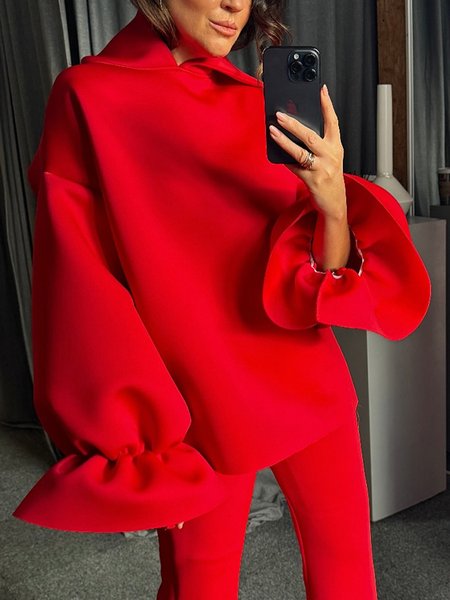 Elegant Plain Hoodie Bell Sleeve Hoodie, Red, Hoodies and Sweatshirts