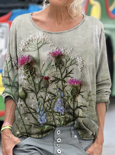

Vintage Floral Print Crew Neck Long Sleeve T-shirt, Lightgreen, T-shirts
