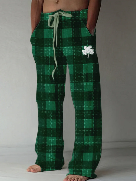 

St. Patrick's Day Shamrock Check Print Cotton And Linen Blend Lounge Pants, Green, Pants