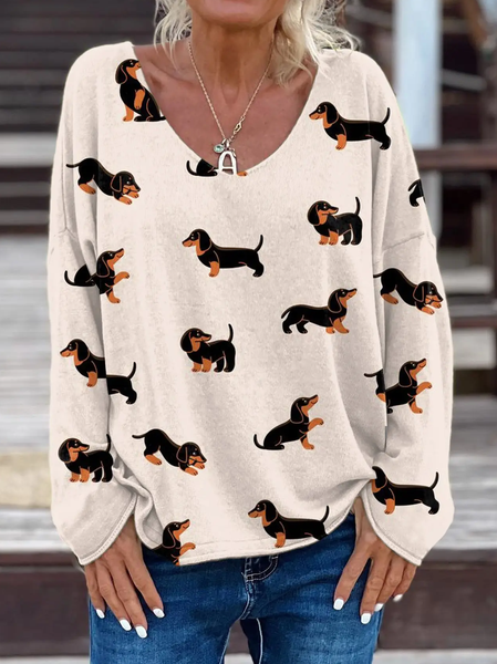 

Vintage Animal Pet Print V Neck Long Sleeve T-shirt, As picture, T-shirts