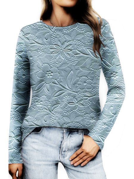 

Vintage Floral Print Crew Neck Long Sleeve T-shirt, Light blue, T-shirts