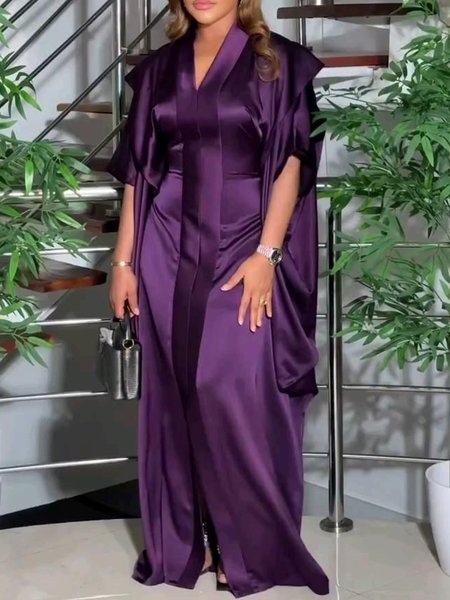 

Elegant Plain Raglan Sleeve V Neck Maxi Dress, Purple, Maxi Dresses
