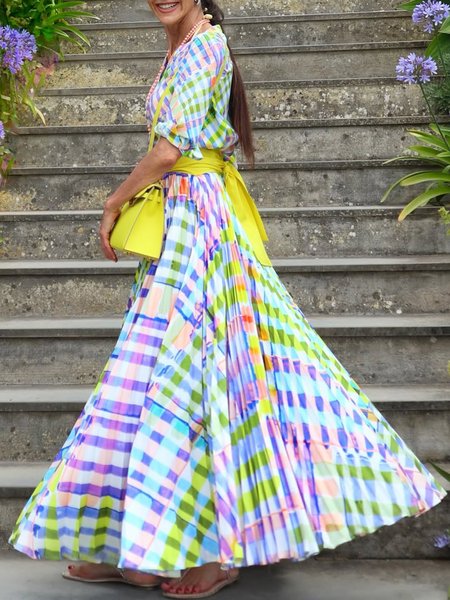 Vacation Plaid Pleated Stand Collar Shirt Dress With Belt, As picture, Maxi Dresses
