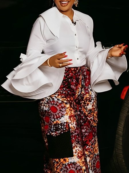 

Urban Plain Shirt Collar Ruffle Sleeve Shirt, White, Blouses and Shirts