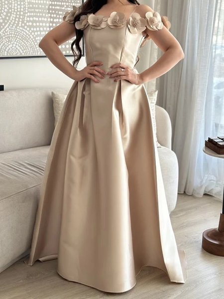 

Elegant Plain 3D Floral Cold Shoulder Maxi Dress, Champagne, Maxi Dresses