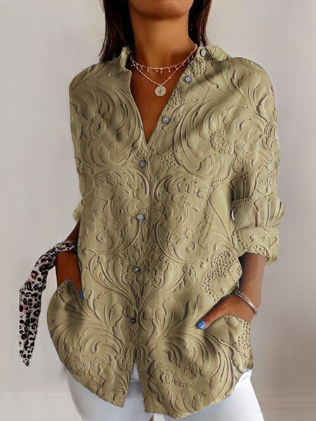 

Women's Long Sleeve Shirt Spring/Fall Geometric Cotton Shirt Collar Daily Going Out Casual Top, Yellow, Blouses