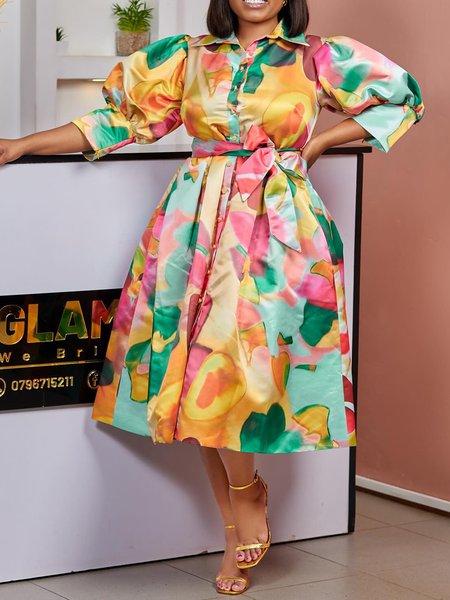

Elegant Random Print Puff Sleeve Shirt Collar Midi Dress With Belt, As picture, Maxi Dresses