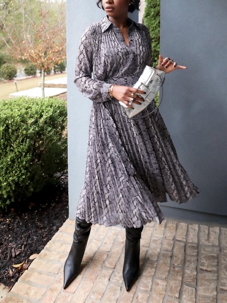 

Urban Snakeskin Printing Midi Shirt Dress, Gray, Midi Dresses