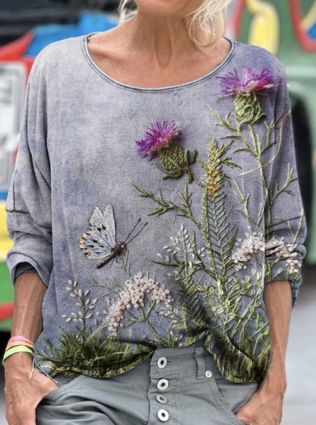 

Vintage Floral Print Crew Neck Long Sleeve T-shirt, Light purple, T-shirts