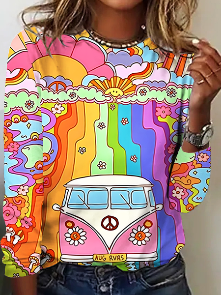 Casual Bohemian Painting Crew Neck Long Sleeve T-shirt, As picture, T-shirts