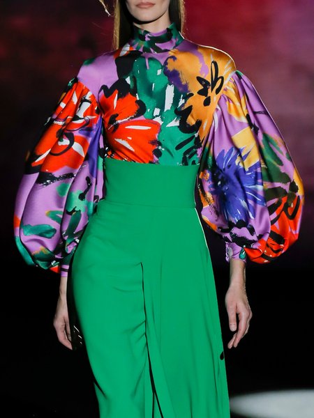 Elegant Floral Stand Collar Balloon Sleeve Blouse, As picture, Blouses and Shirts