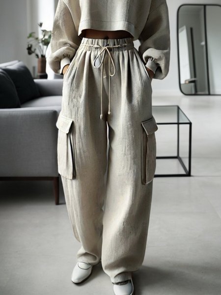 Casual Plain Pockets Cargo Pants, As picture, Pants