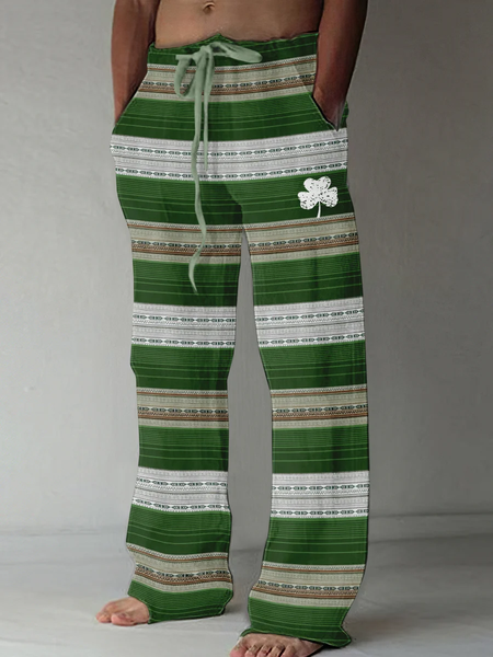 

St. Patrick's Day Shamrock Art Print Cotton and Linen Blend Lounge Pants, Green, Pants