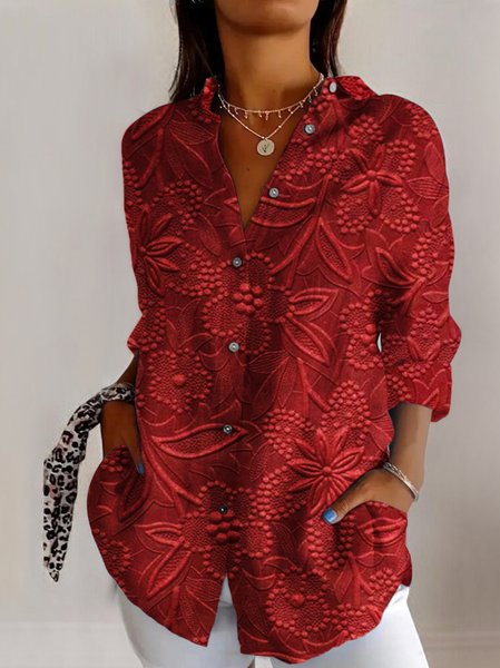 

Retro dark floral casual long sleeved shirt, Red, Blouses